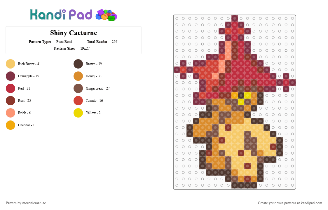 Shiny Cacturne - Fuse Bead Pattern by moronicmaniac on Kandi Pad - brown, cactus, hoenn, pokemon, pokemon ruby, red, shiny, shiny pokemon