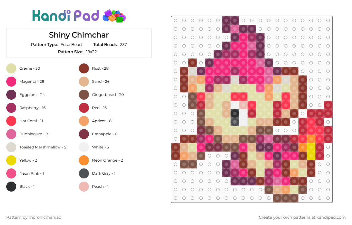 Shiny Chimchar - Fuse Bead Pattern by moronicmaniac on Kandi Pad - red,pink,beige,yellow,pokemon,shiny,sinnoh,fire