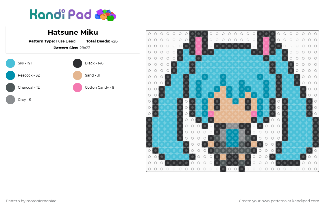 Hatsune Miku - Fuse Bead Pattern by moronicmaniac on Kandi Pad - light blue