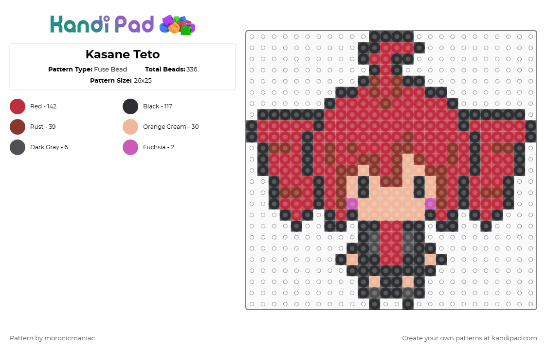 Kasane Teto - Fuse Bead Pattern by moronicmaniac on Kandi Pad - red,teto,kasane teto,utau