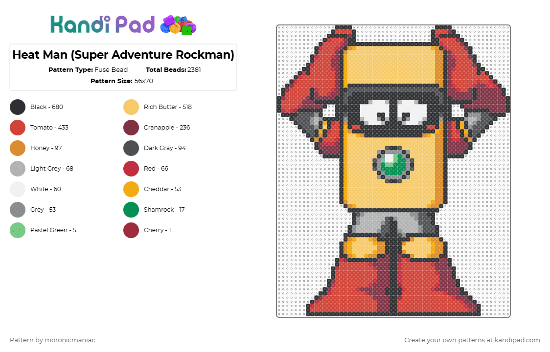 Heat Man (Super Adventure Rockman) - Fuse Bead Pattern by moronicmaniac on Kandi Pad - brown,red,yellow,mega man,megaman