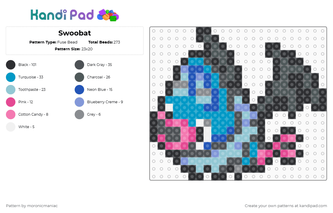 Swoobat - Fuse Bead Pattern by moronicmaniac on Kandi Pad - gray,pink,light blue,pokemon,unova,bat