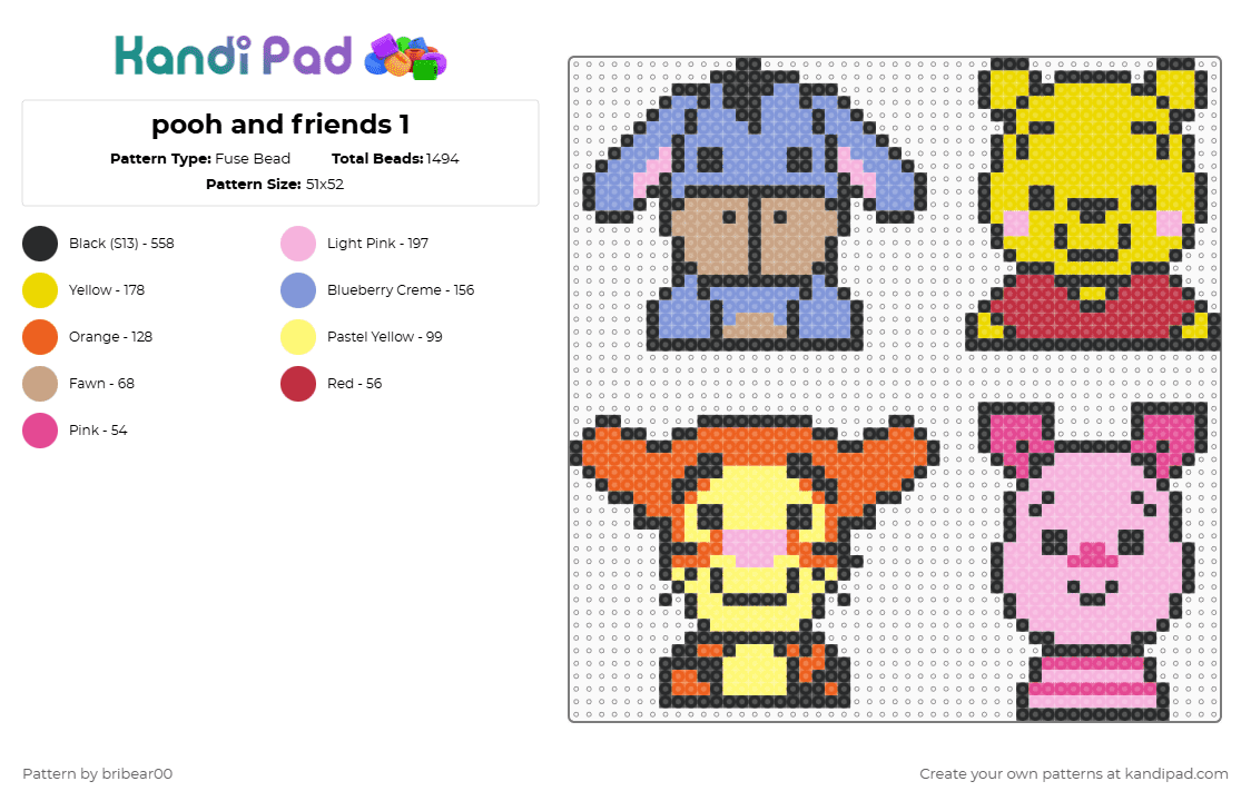 pooh and friends 1 - Fuse Bead Pattern by bribear00 on Kandi Pad - pink,light blue,yellow