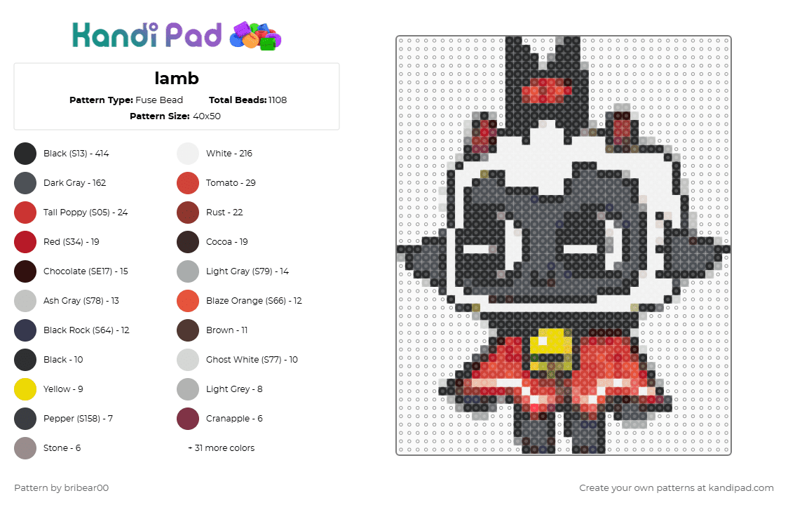 lamb - Fuse Bead Pattern by bribear00 on Kandi Pad - black,gray,red,brown,colorful