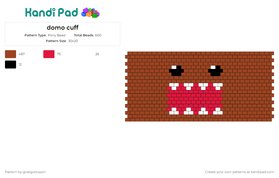 domo cuff - Pony Bead Pattern by goatgutzupon on Kandi Pad - domo,cuff,character,whimsical,open-mouth,grin,brown
