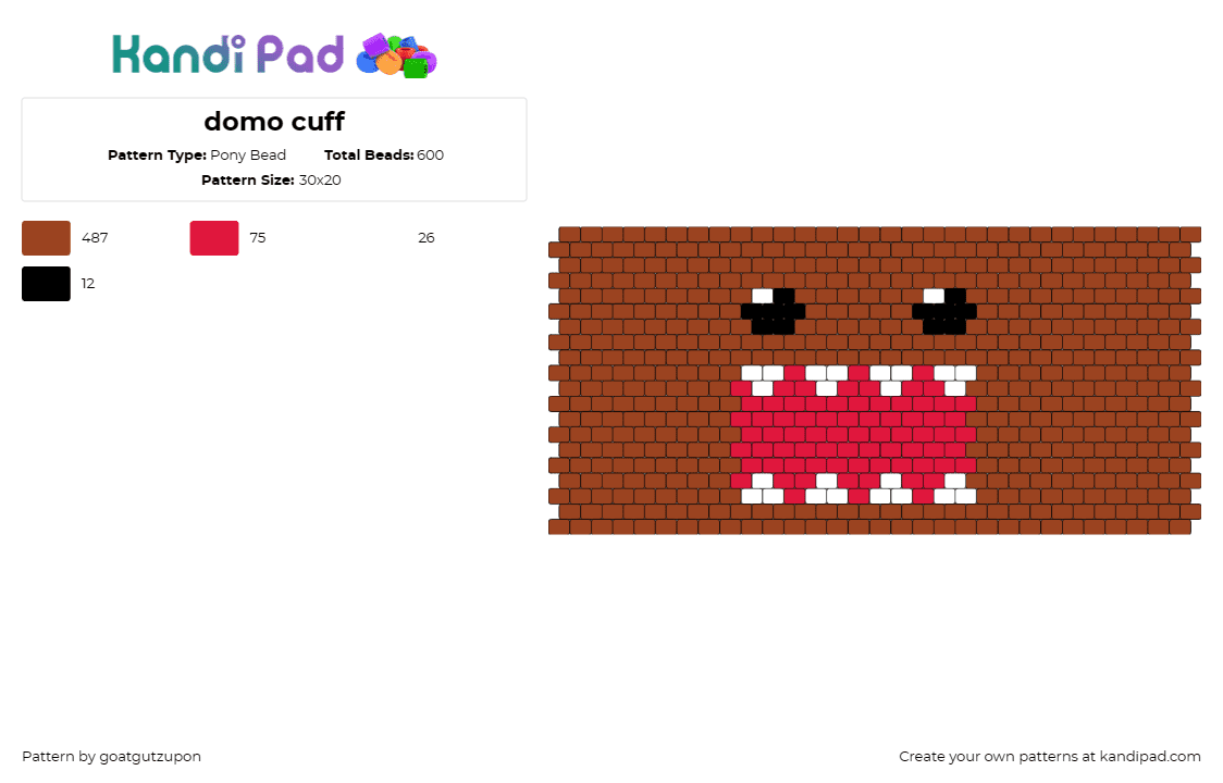 domo cuff - Pony Bead Pattern by goatgutzupon on Kandi Pad - domo,cuff,character,whimsical,open-mouth,grin,brown