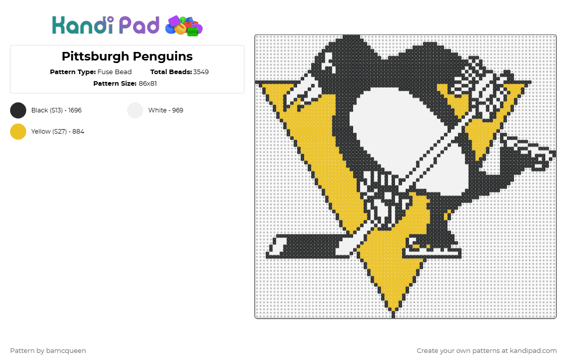 Pittsburgh Penguins - Fuse Bead Pattern by bamcqueen on Kandi Pad - white,yellow