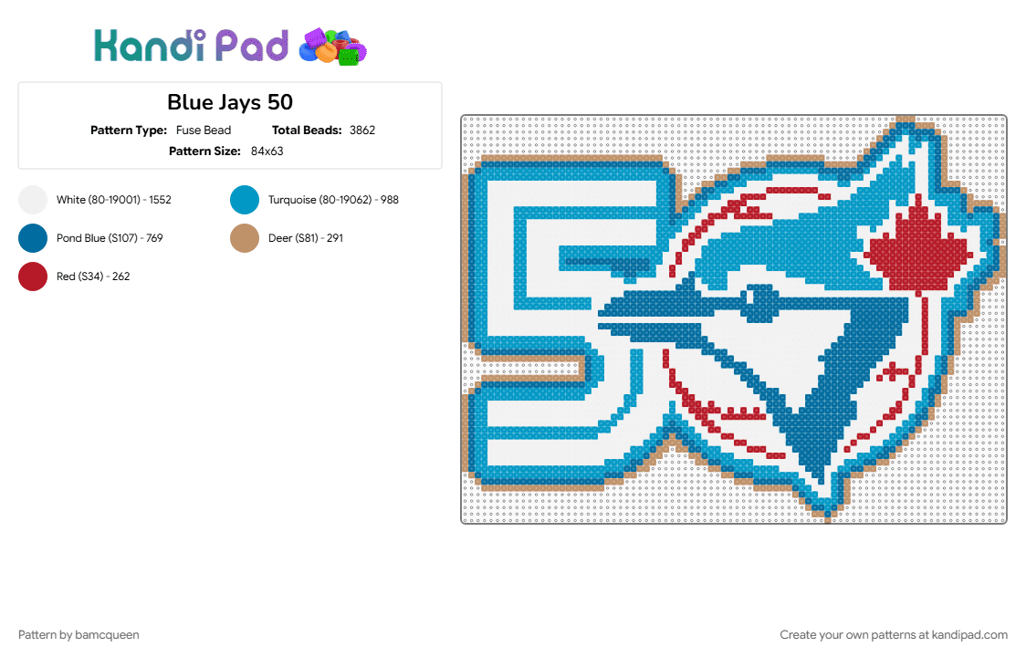 Blue Jays 50 - Fuse Bead Pattern by bamcqueen on Kandi Pad - blue, light blue