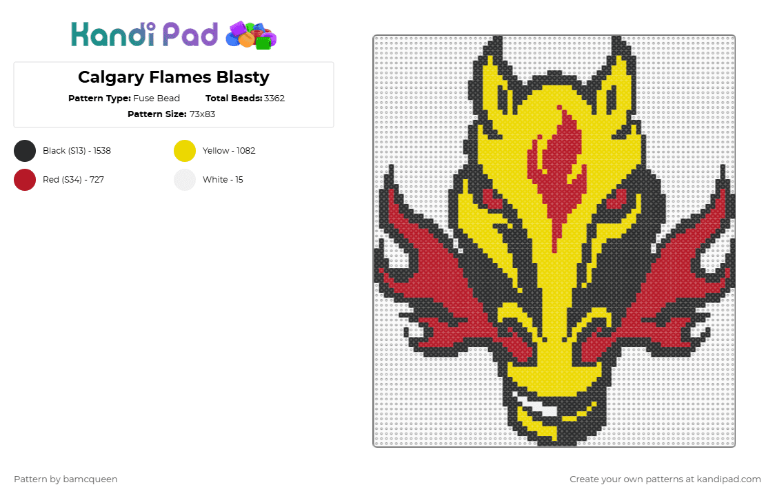 Calgary Flames Blasty - Fuse Bead Pattern by bamcqueen on Kandi Pad - calgary,flames,blasty,hockey,sports,nhl,team,red,yellow
