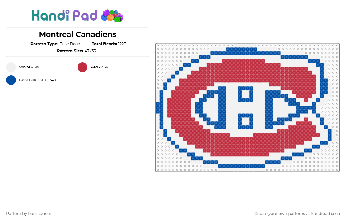 Montreal Canadiens - Fuse Bead Pattern by bamcqueen on Kandi Pad - canadiens,logo,hockey,team,montreal canadiens,sport,sports,blue,red