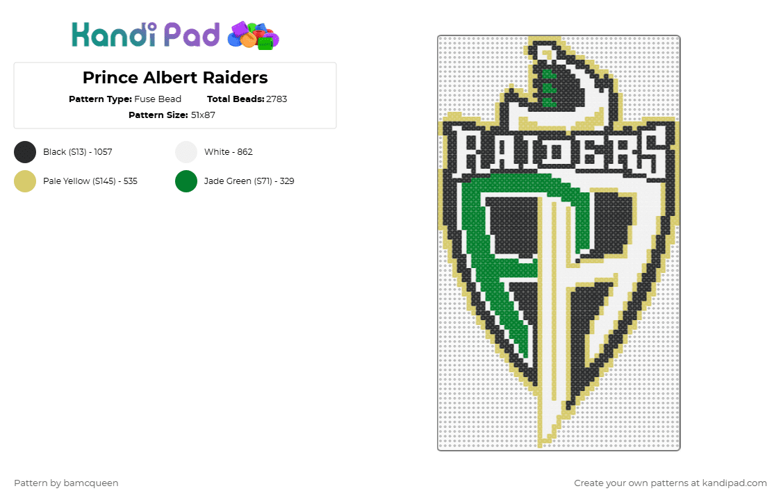 Prince Albert Raiders - Fuse Bead Pattern by bamcqueen on Kandi Pad - green,yellow