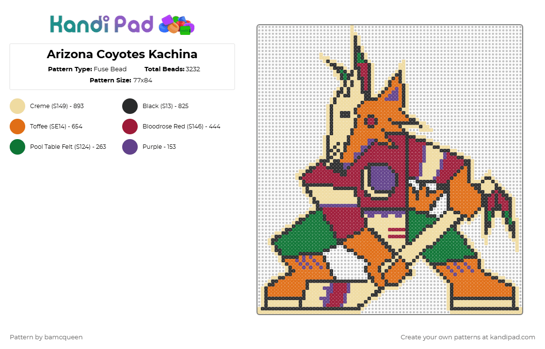 Arizona Coyotes Kachina - Fuse Bead Pattern by bamcqueen on Kandi Pad - coyotes,hockey,sports,team,animal,sport,nhl,arizona,beige,orange