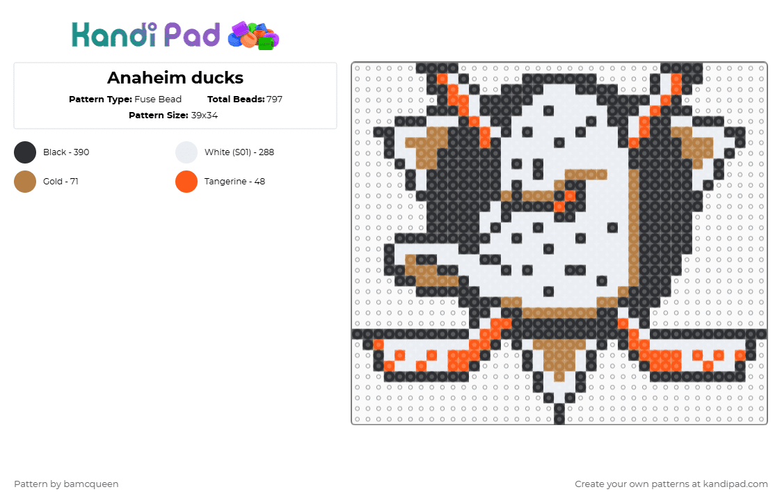 Anaheim ducks - Fuse Bead Pattern by bamcqueen on Kandi Pad - anaheim ducks,hockey,team,logo,sport,animal,bird,sports,white,orange,tan