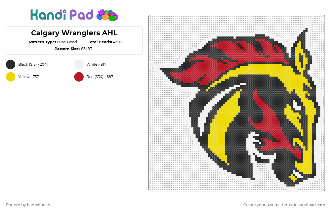 Calgary Wranglers AHL - Fuse Bead Pattern by bamcqueen on Kandi Pad - calgary wranglers,logo,horse,ahl,hockey,sport,team,sports,animal,yellow,red