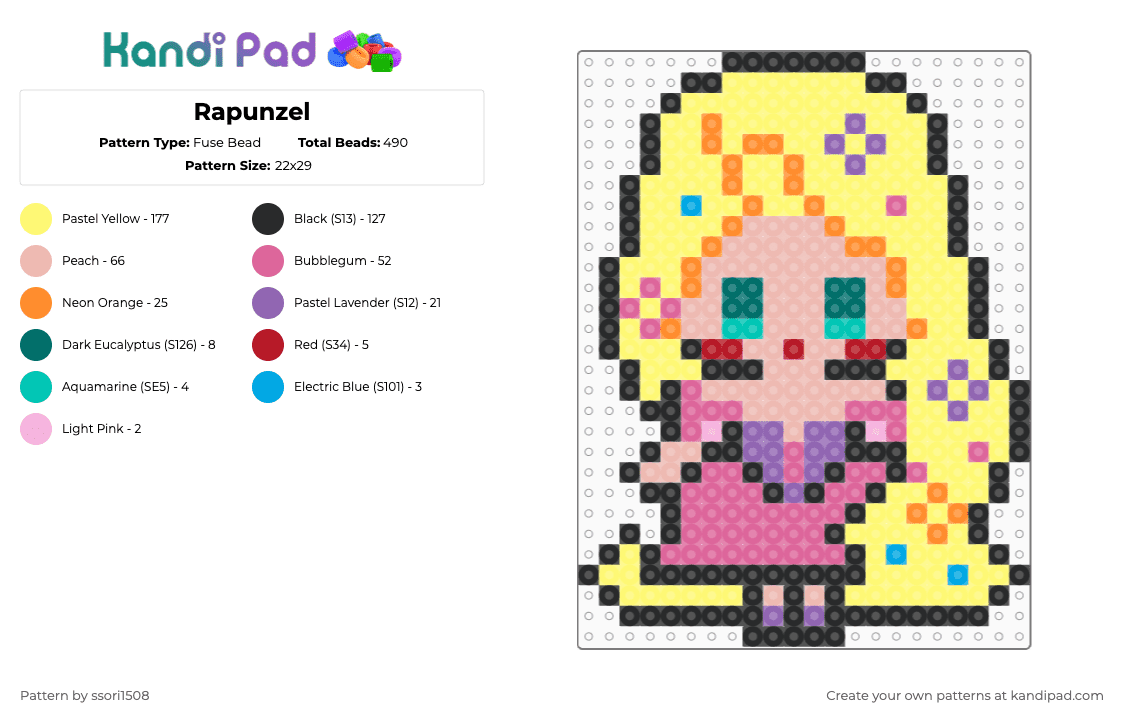 Rapunzel - Fuse Bead Pattern by ssori1508 on Kandi Pad - rapunzel,hair,chibi,princess,disney,movie,cartoon,beige,yellow,pink