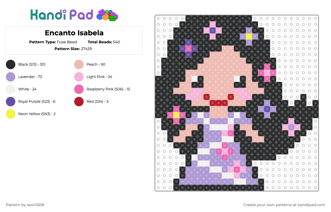 Encanto Isabela - Fuse Bead Pattern by ssori1508 on Kandi Pad - isabela,encanto,character,movie,animation,disney,cartoon,dress,black,pink,beige