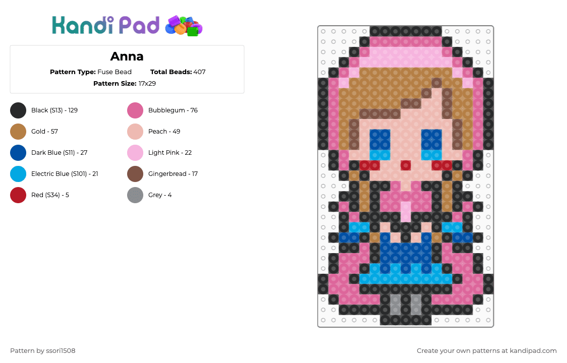Anna - Fuse Bead Pattern by ssori1508 on Kandi Pad - anna,frozen,elsa,character,disney,female,person,woman,dress,film,movie,cartoon,pink,beige,tan