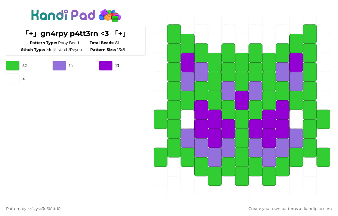 「+」gn4rpy p4tt3rn - Pony Bead Pattern by kr4zysc3n3k1dd0 on Kandi Pad - green,purple