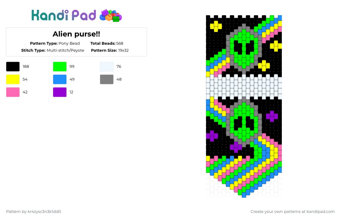Alien purse!! - Pony Bead Pattern by kr4zysc3n3k1dd0 on Kandi Pad - light blue,yellow,gray,green