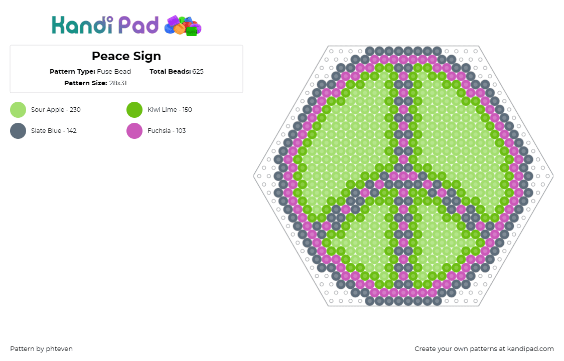 Peace Sign - Fuse Bead Pattern by phteven on Kandi Pad - peace,symbol,hexagon,colorful,green,pink