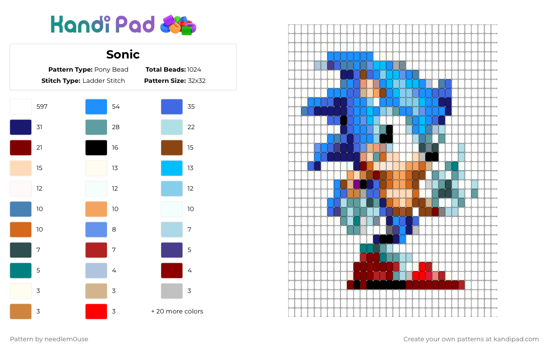 Sonic - Pony Bead Pattern by needlem0use on Kandi Pad - white,light blue,blue,teal,colorful