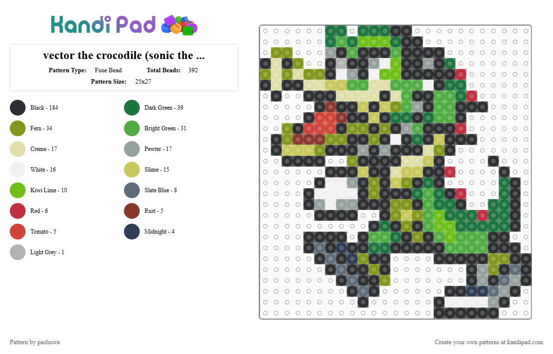 vector the crocodile (sonic the hedgehog) - Fuse Bead Pattern by pashuwa on Kandi Pad - black, crocodile, gaming, gold, gray, green, sonic, sonicthehedgehog