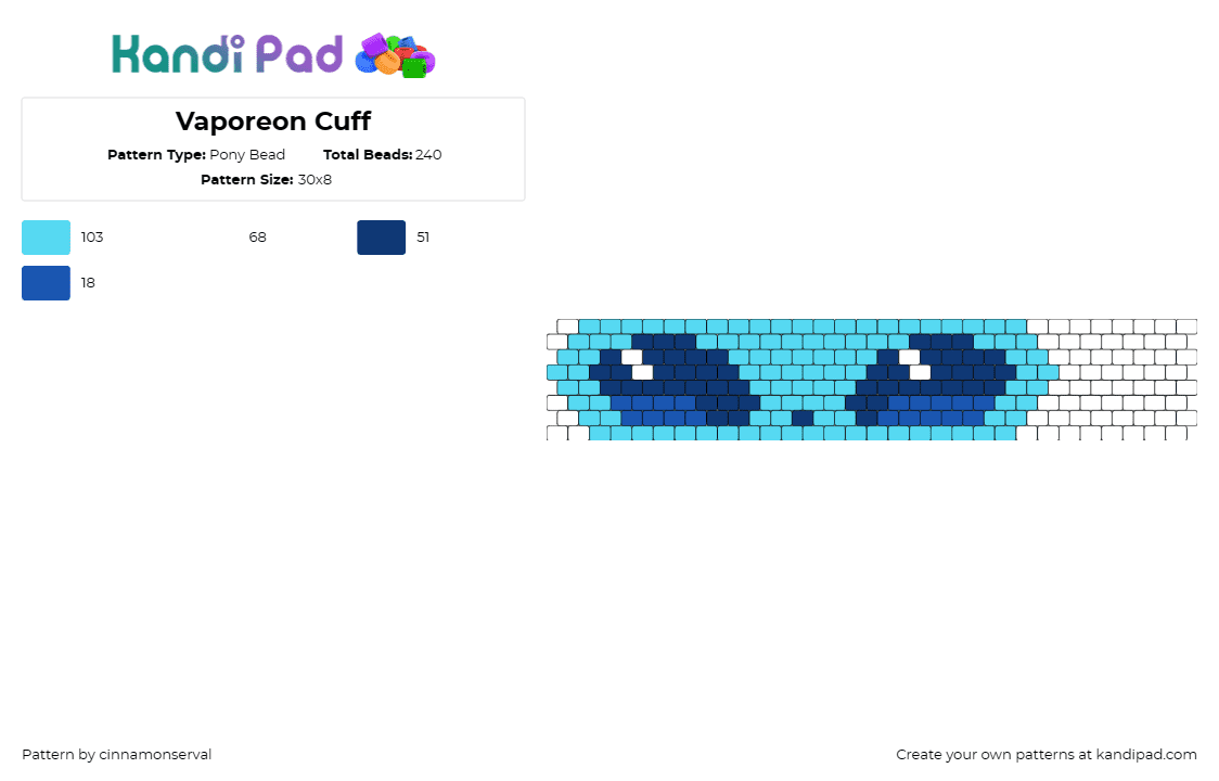 Vaporeon Cuff - Pony Bead Pattern by cinnamonserval on Kandi Pad - vaporeon,eevee,pokemon,cuff,aquatic,soothing,serene,water,blue