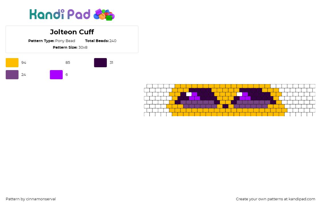 Jolteon Cuff - Pony Bead Pattern by cinnamonserval on Kandi Pad - jolteon,eevee,pokemon,cuff,electric,spark,striking,contrast,yellow