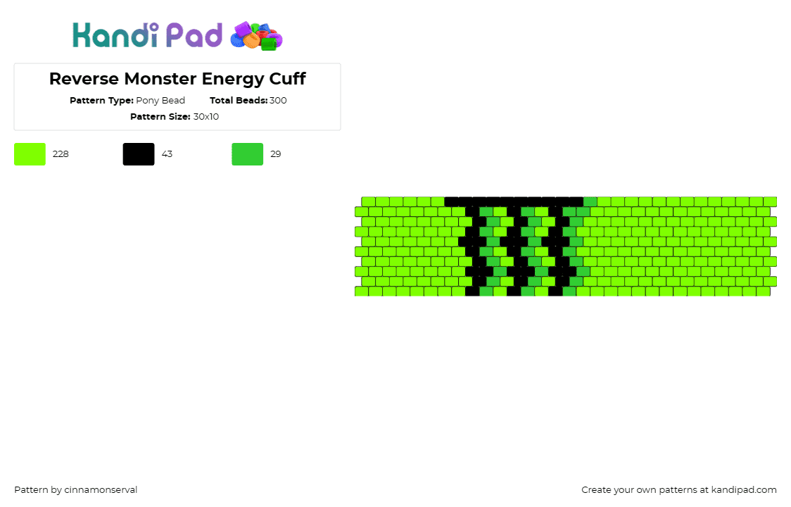 Reverse Monster Energy Cuff - Pony Bead Pattern by cinnamonserval on Kandi Pad - monster energy,drink,cuff,bold,edgy,statement,energy,green