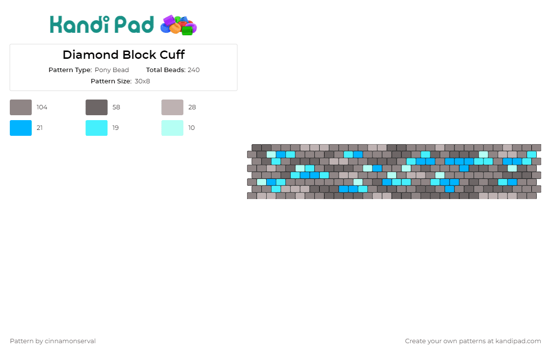 Diamond Block Cuff - Pony Bead Pattern by cinnamonserval on Kandi Pad - diamonds,minecraft,stone,block,cuff,iconic,gamers,crafters,merge,virtual world,hands-on,creativity,grey,blue