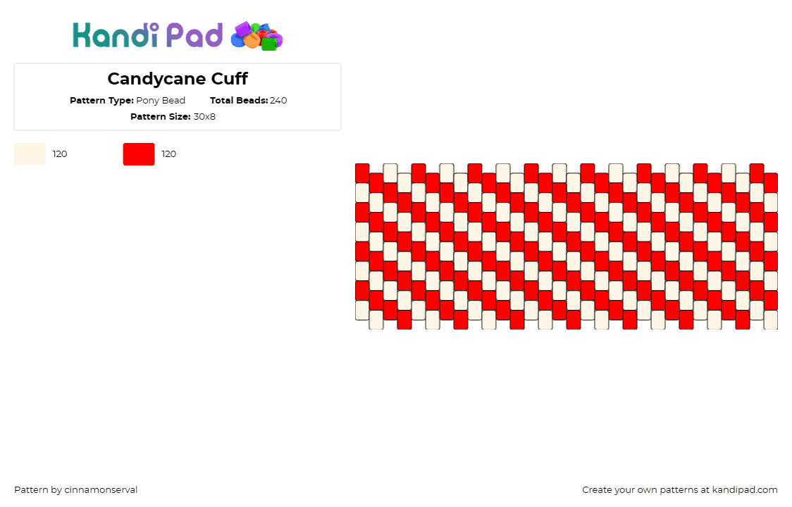 Candycane Cuff - Pony Bead Pattern by cinnamonserval on Kandi Pad - candy cane,stripes,christmas,holiday,winter,cuff,festive,wear,gift,red