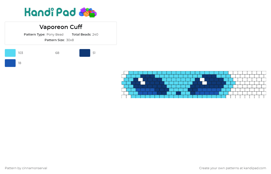 Vaporeon Cuff - Pony Bead Pattern by cinnamonserval on Kandi Pad - vaporeon,eevee,pokemon,cuff,aquatic,allure,soothing,serene,water,blue