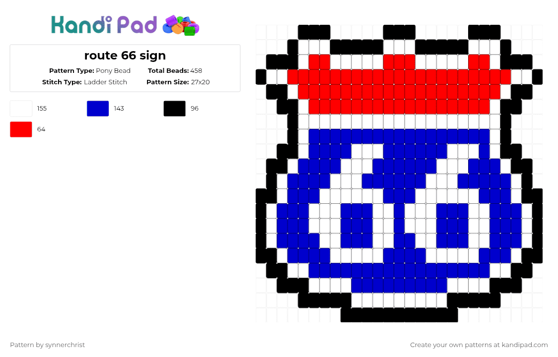 route 66 sign - Pony Bead Pattern by synnerchrist on Kandi Pad - route 66,sign,road,travel,highway,red,purple