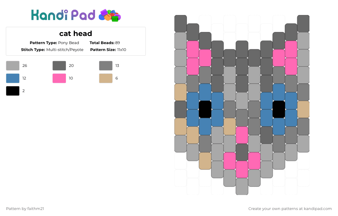 Cat head Pony Bead Pattern - Kandi Pad | Kandi Patterns, Fuse Bead ...