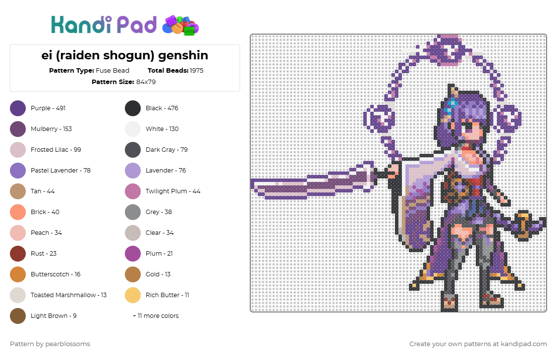 ei (raiden shogun) genshin - Fuse Bead Pattern by pearblossoms on Kandi Pad - raiden shogun,genshin impact,anime,video game,character,female,gaming,gray,beige,pink,purple