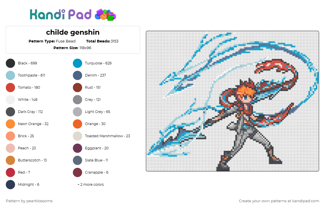 childe (tartaglia) genshin - Fuse Bead Pattern by pearblossoms on Kandi Pad - light blue,blue,red,gray