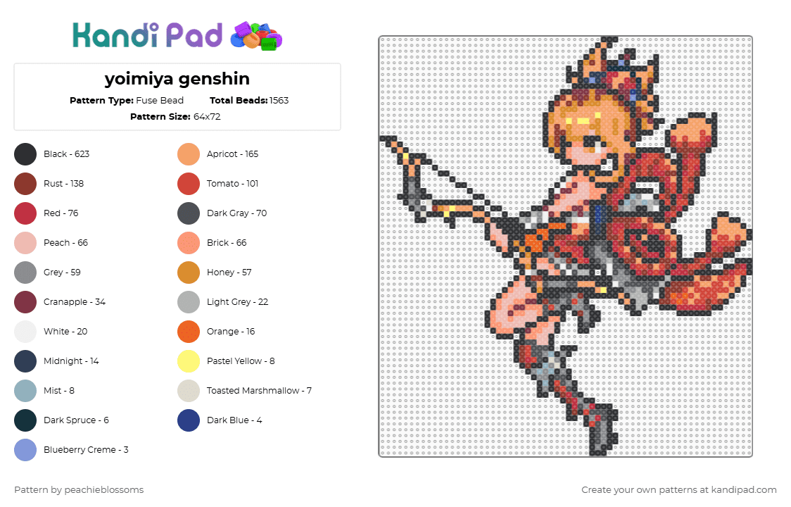 yoimiya genshin - Fuse Bead Pattern by pearblossoms on Kandi Pad - yoimiya,genshin impact,character,genshin,anime,video game,woman,girl,gaming,black,red,orange,gray,colorful