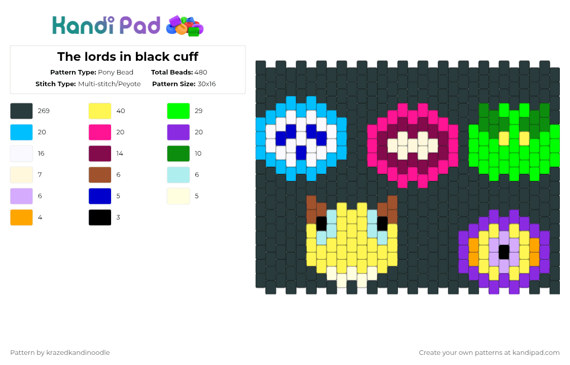 The lords in black cuff - Pony Bead Pattern by krazedkandinoodle on Kandi Pad - black,pink,green,purple,colorful