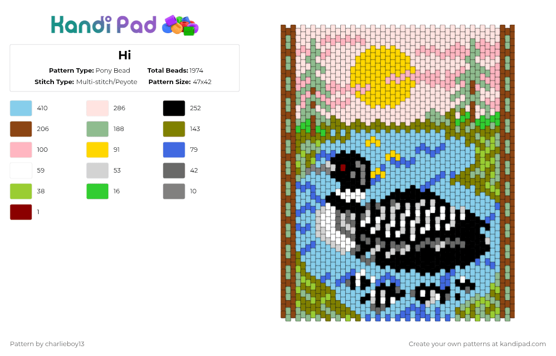 Hi - Pony Bead Pattern by charlieboy13 on Kandi Pad - pond,duck,landscape,panel,tapestry,animal,nature,red,teal,gold,light blue