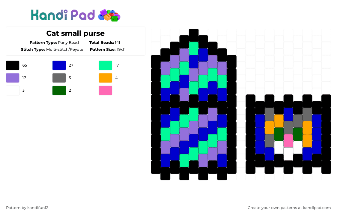 Cat small purse - Pony Bead Pattern by kandifun12 on Kandi Pad - black,purple,teal