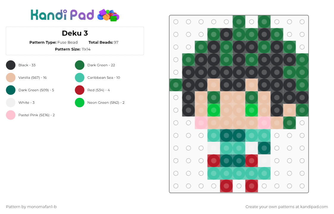 Deku 3 - Fuse Bead Pattern by monomafan1-b on Kandi Pad - green,beige,teal