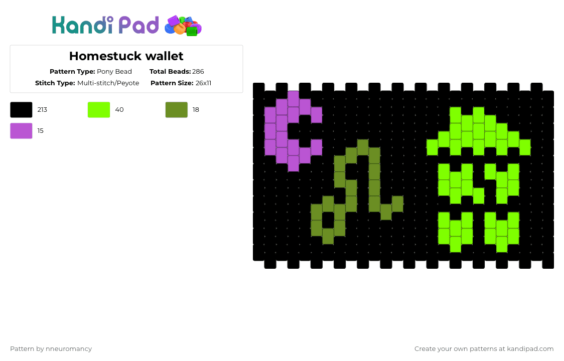 Homestuck wallet - Pony Bead Pattern by nneuromancy on Kandi Pad - black,green,homestuck