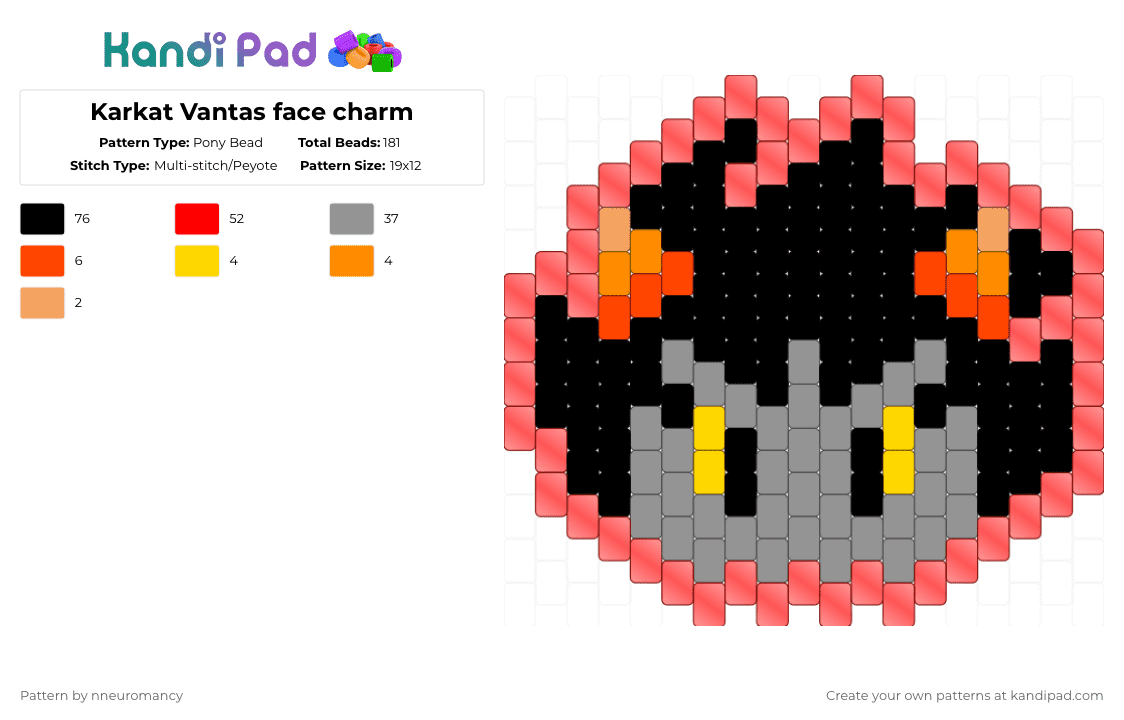 Karkat Vantas face charm - Pony Bead Pattern by nneuromancy on Kandi Pad - gray,red,homestuck,karkat vantas,character