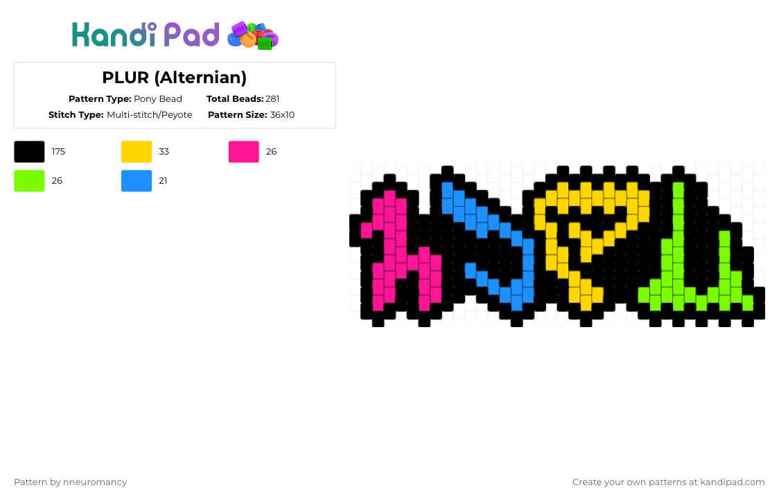 PLUR (Alternian) - Pony Bead Pattern by nneuromancy on Kandi Pad - black,pink,yellow,green,homestuck,plur