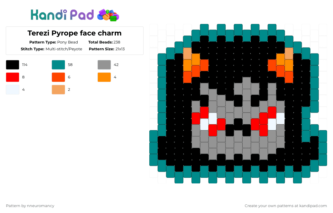 Terezi Pyrope face charm - Pony Bead Pattern by nneuromancy on Kandi Pad - black,teal,gray,homestuck,terezi pyrope,character