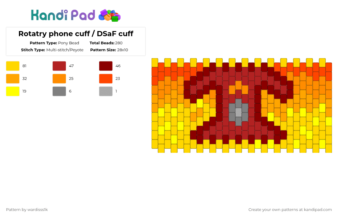 Rotatry phone cuff / DSaF cuff - Pony Bead Pattern by evylburgg on Kandi Pad - red,orange,yellow,rotatry phone,phone,dsaf