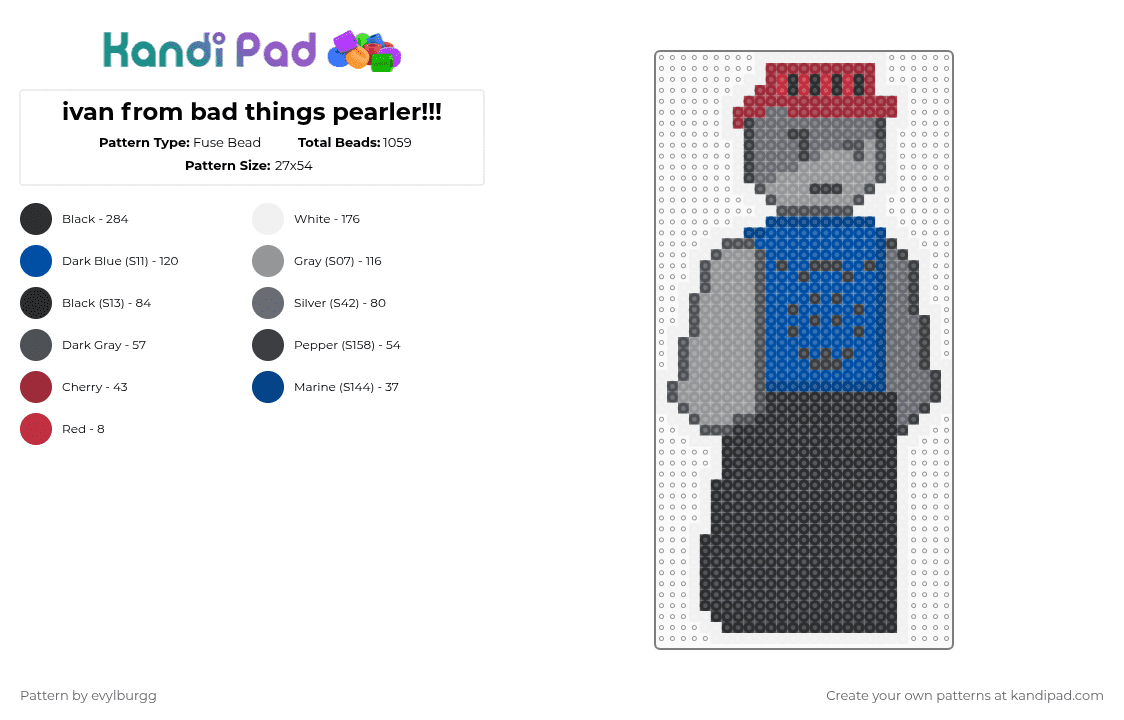 ivan from bad things pearler!!! - Fuse Bead Pattern by evylburgg on Kandi Pad - blue,gray,bad things,ivan,ivan bad things,bad things roblox