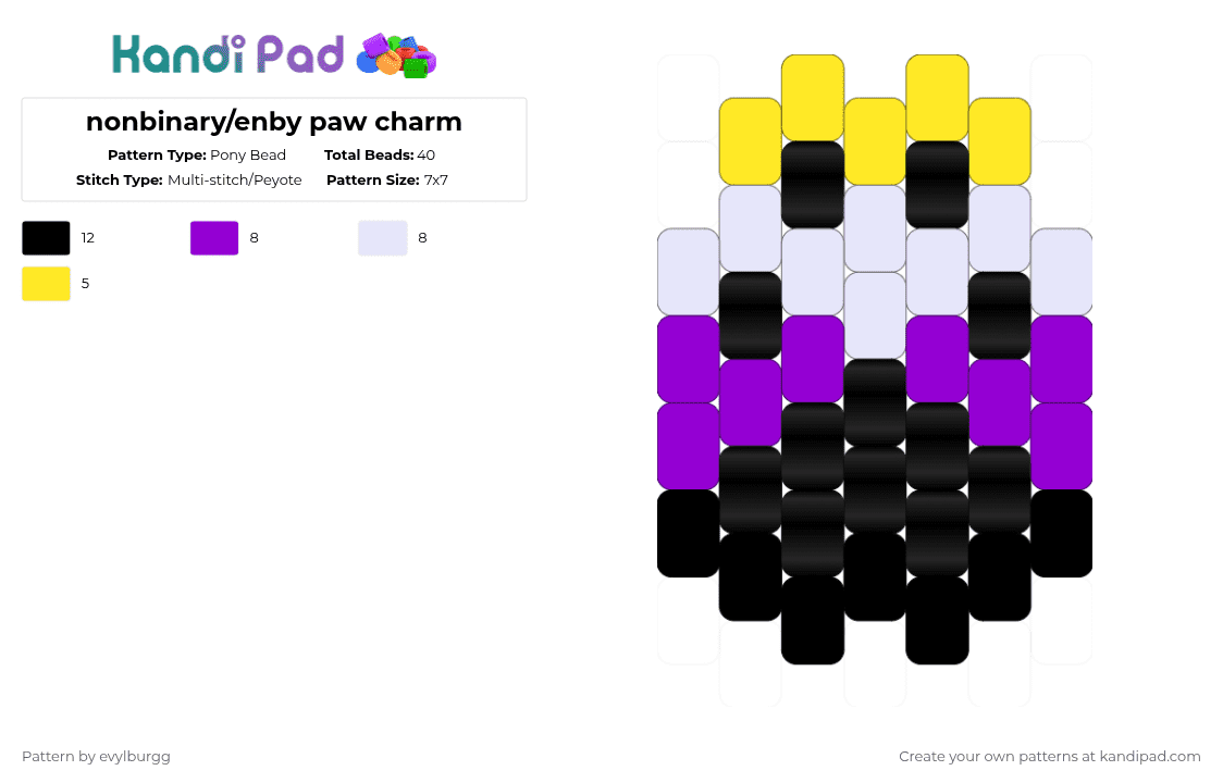 nonbinary/enby paw charm - Pony Bead Pattern by evylburgg on Kandi Pad - purple,yellow,nonbinary,enby,charm,paw,pride,lgbtq