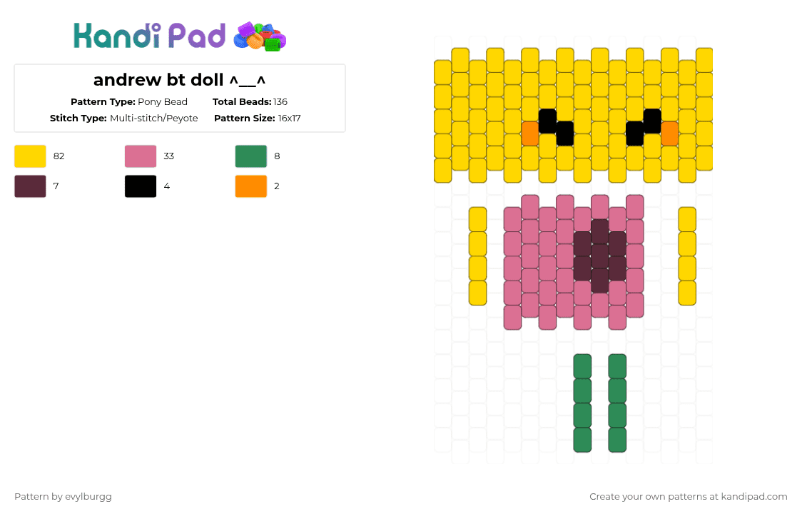 andrew bt doll ^__^ - Pony Bead Pattern by evylburgg on Kandi Pad - yellow,pink,bad things,roblox,doll,andrew,andrew bad things