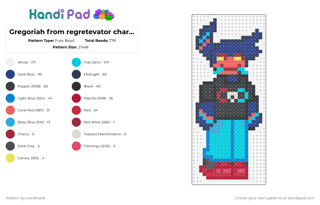 Gregoriah from regretevator charm!!! - Fuse Bead Pattern by evylburgg on Kandi Pad - light blue,purple,blue,red,regretevator,gregoriah,roblox